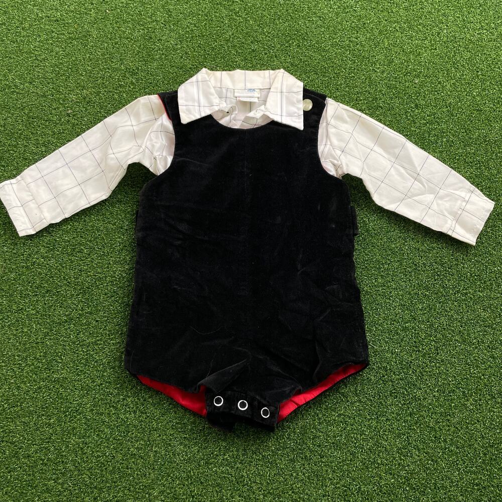 Vintage 80s Baby Togs Boys Holiday Velvet Long Sleeve Shortall Romper 12M